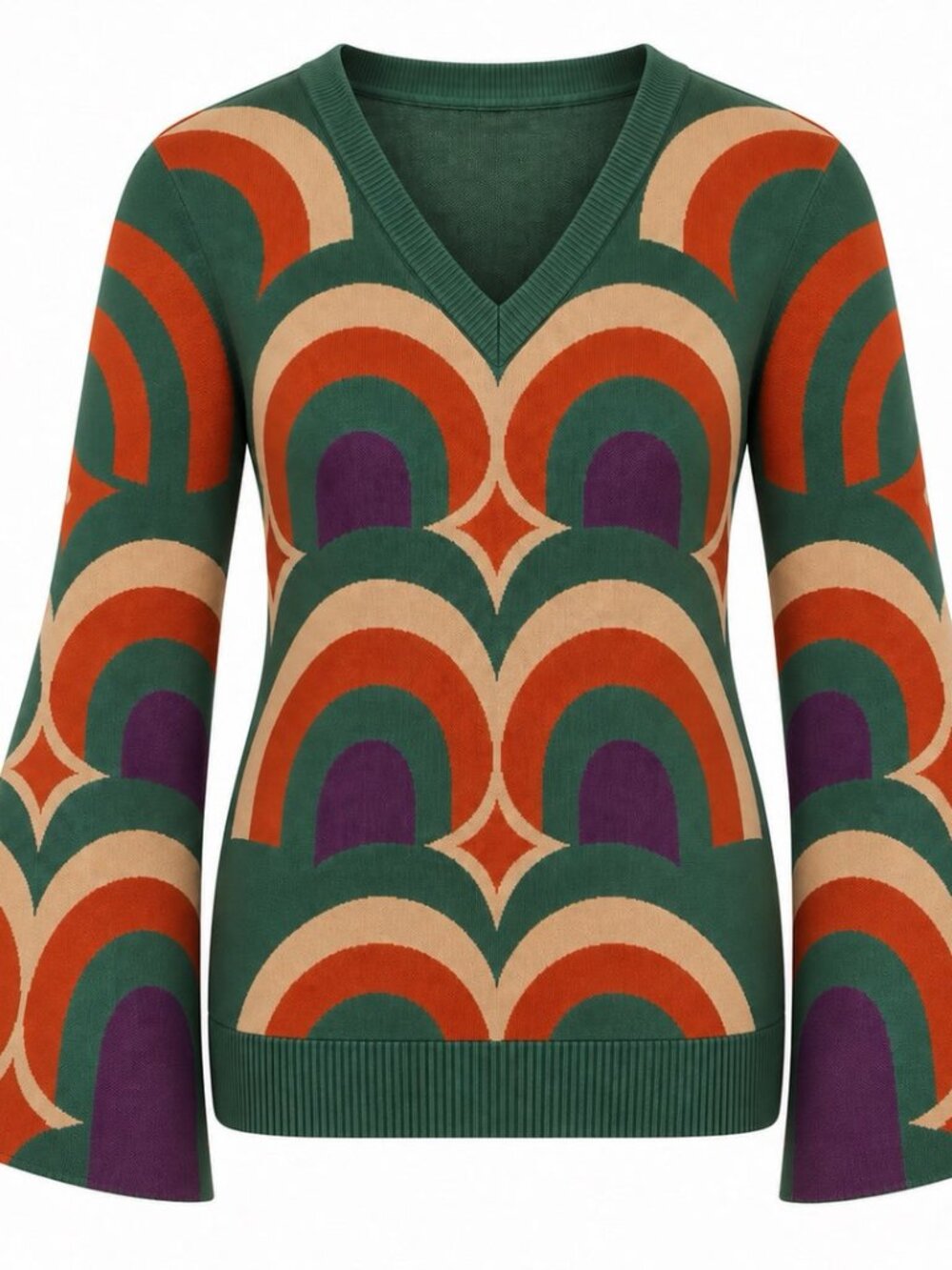 OXKNIT 70's arched geometric jaquared V neck flare sleeves knit sweater